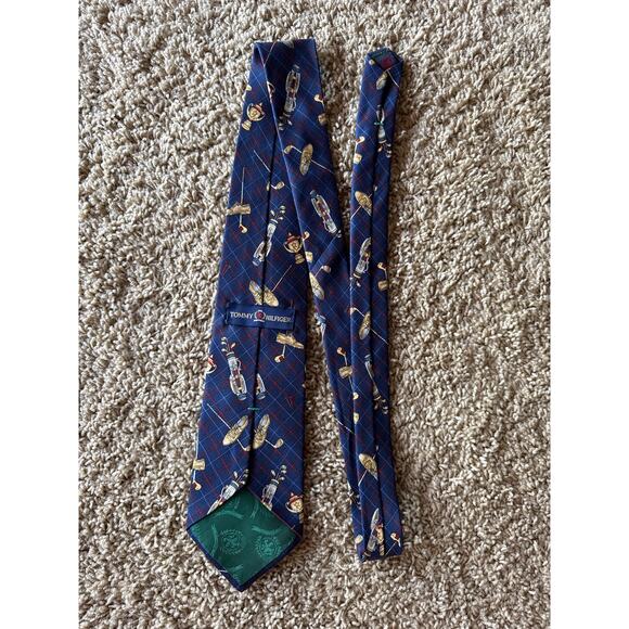 Vintage Tommy Hilfiger USA Made Silk Designer Tie Golf Print Navy Blue - Picture 2 of 4